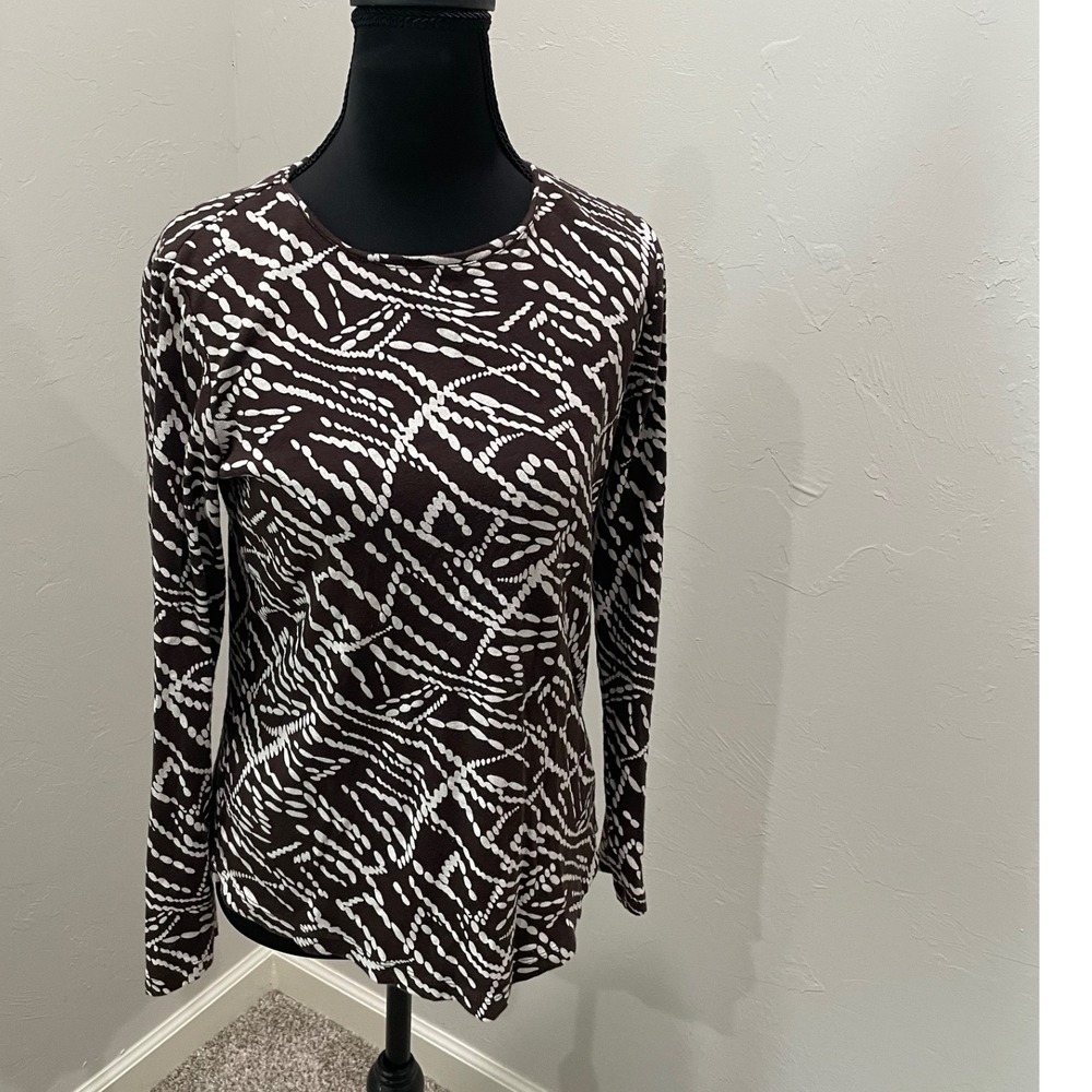 Chico's Brown White Abstract Geometric Print Long Sleeve Cotton Top Size 0 S